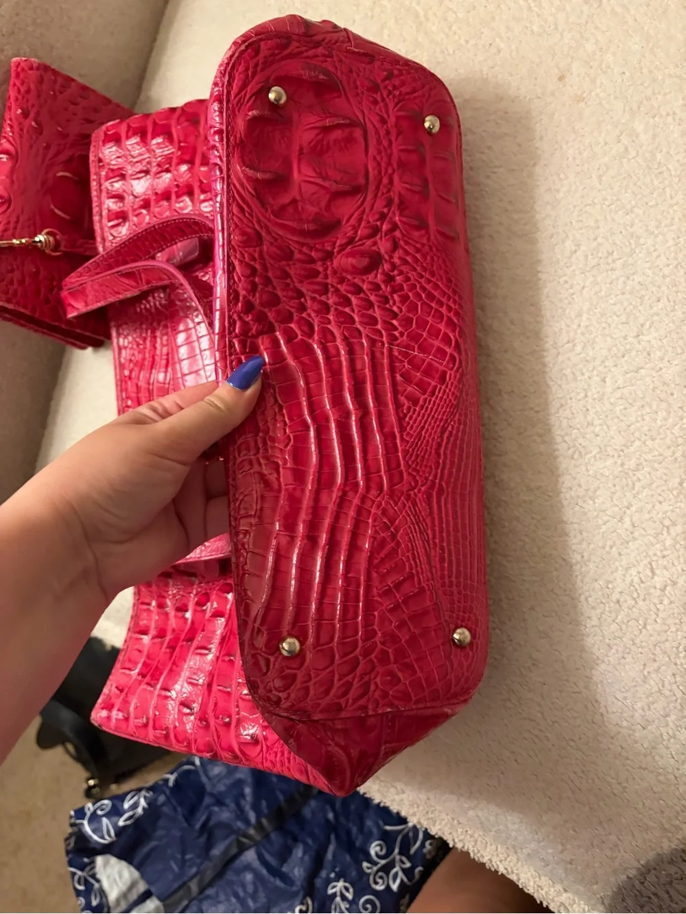 Brahmin Fuchsia Croc-Embossed Leather Tote with Gold Hardware